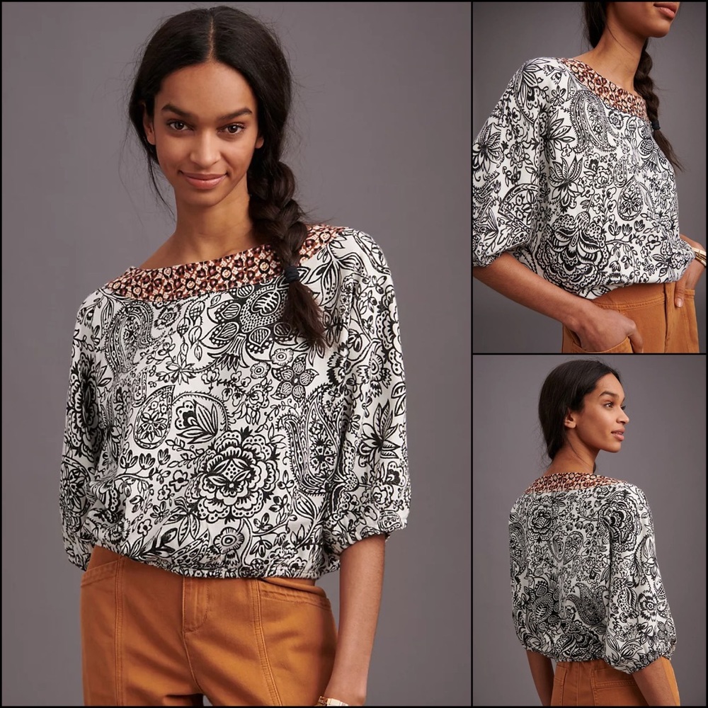By Anthropologie French Terry Floral Batik Dolman Bubble Blouse Top